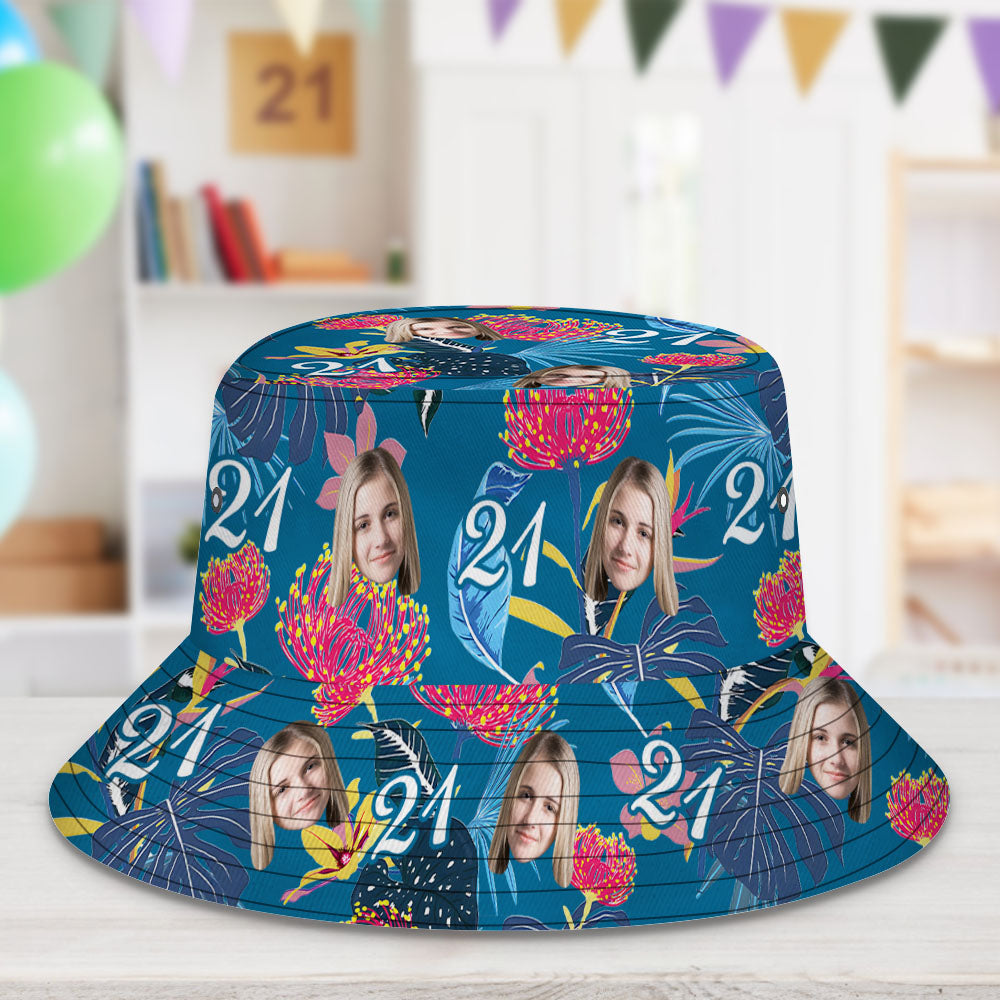 Hawaiihemd mit Gesicht Benutzerdefinierter Gesichts-eimerhut Mit Nummer Und Gesichtshut, Dunkelblauen Ärmeln Und Rosa Blumen-MyHawaiianShirtsDE