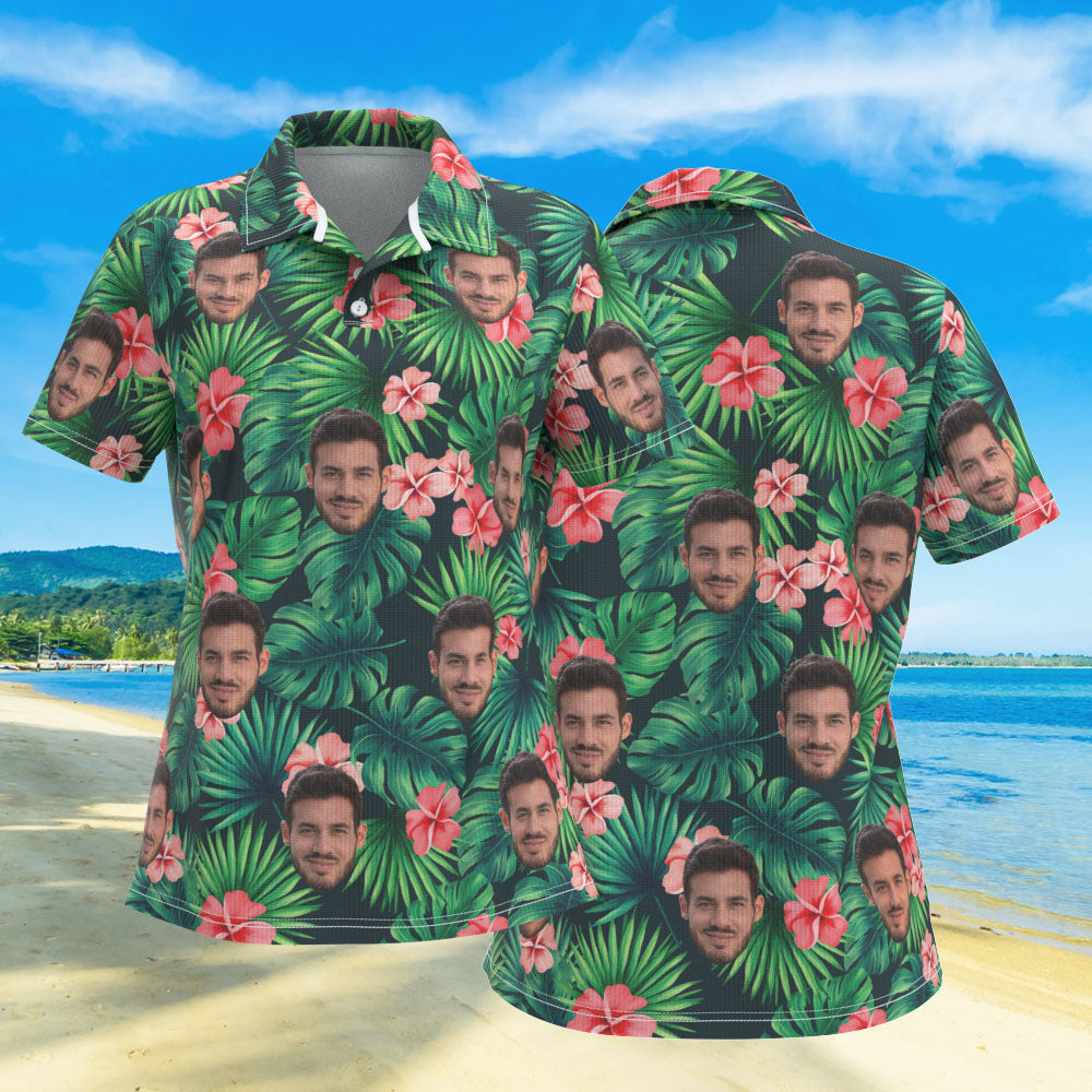 Benutzerdefiniertes Gesicht Damen Poloshirts Personalisiertes Fotoshirt Rote Blumen