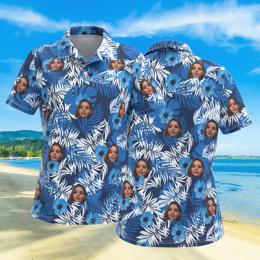 Benutzerdefiniertes Gesicht Damen Poloshirts Personalisiertes Fotoshirt Blaue Blumen