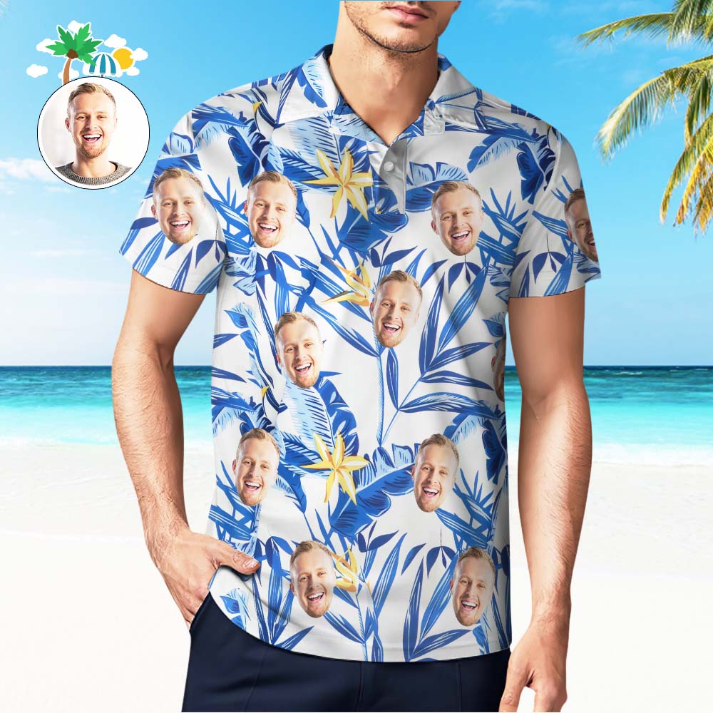 Benutzerdefiniertes Herren-gesichts-poloshirt Aloha Golf-poloshirt Blaue Blätter Geschenk Für Ihn