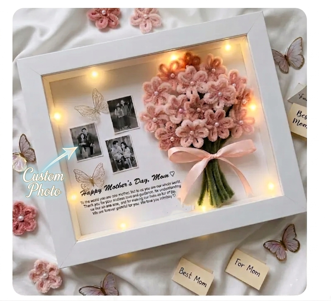 Personalisierter Muttertagsgeschenk-schattenkasten: Handgefertigter Pfeifenreiniger-blumenstrauß Mit Individuellen Fotos Und Beleuchtung – Ein Einzigartiges Erinnerungsstück Für Mama -