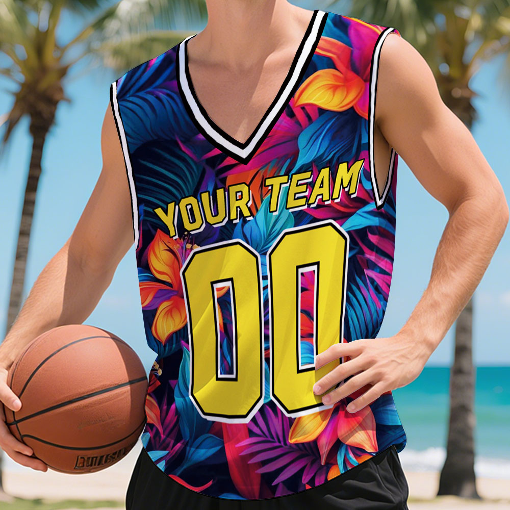 Benutzerdefiniertes Basketballtrikot Mit Tropischem Muster, Personalisiertes V-förmiges Trikot Für Strand Und Party - MyHawaiianShirtsDE
