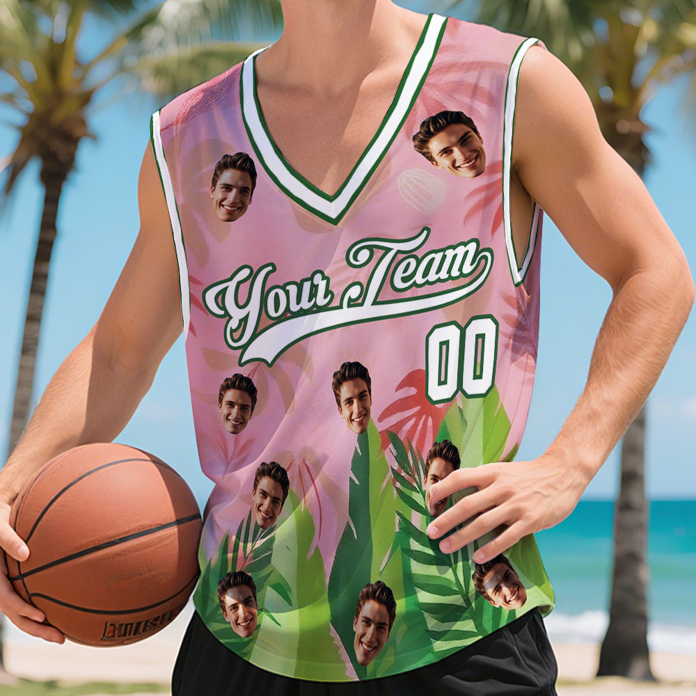 Benutzerdefiniertes Basketballtrikot Mit Tropischem Strandmotiv, Benutzerdefiniertes V-förmiges Shirt Mit Namen Und Nummer - MyHawaiianShirtsDE