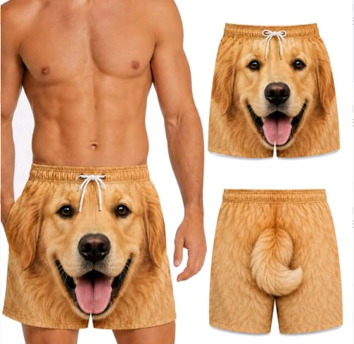Herren-Badehose Mit 3D-Druck, Schnell Trocknende Boardshorts Mit Lustiger Grafik, Boardshorts Mit Lustigem Golden Retriever-Hundegesicht