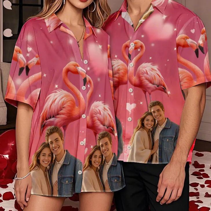 Hawaiihemd mit Gesicht Individuelles Flamingo-paar-shirt Im Hawaiianischen Tropenstil, Button-down-shirt, Geschenke Für Paare
