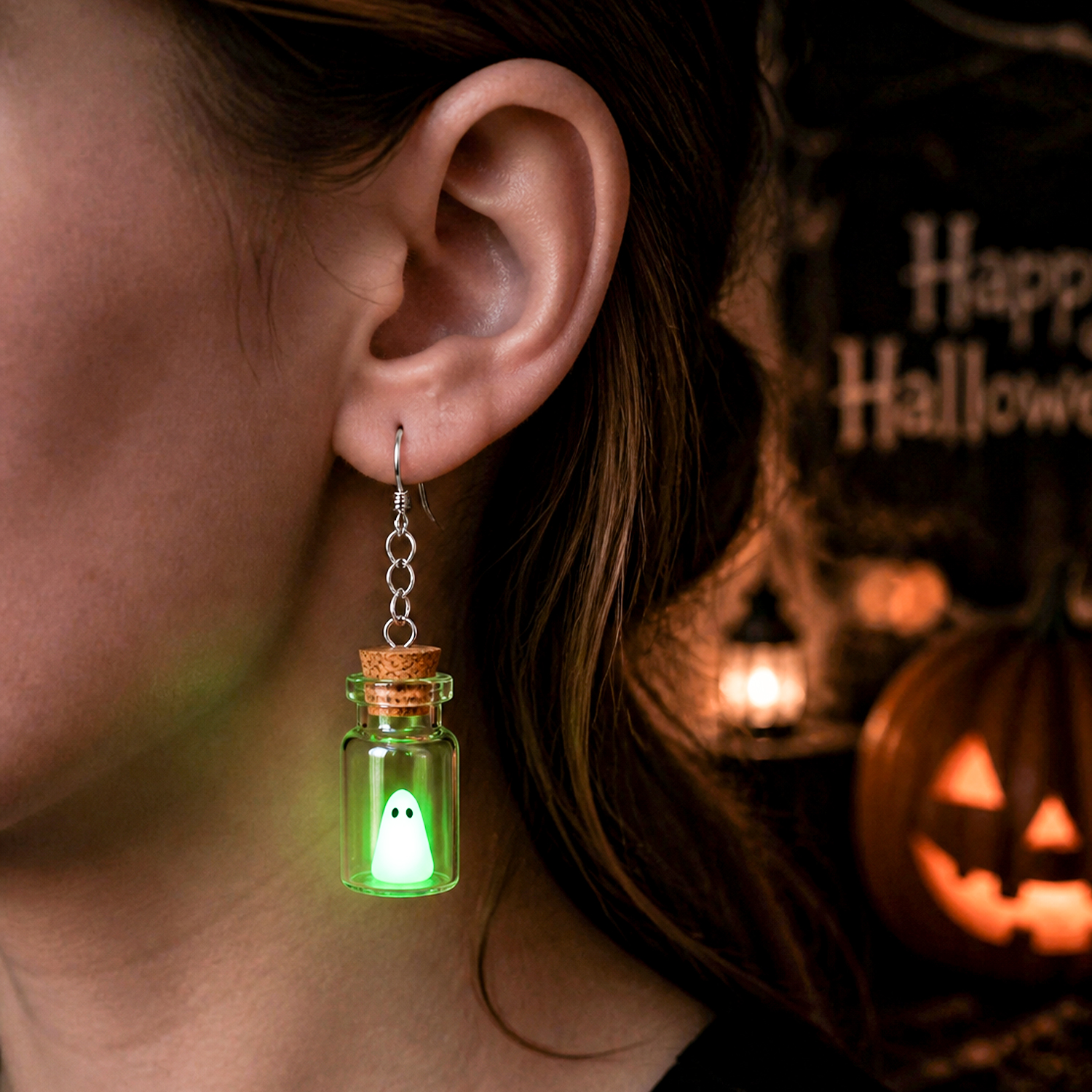 Leuchtender Flaschenschmuck In Geisterform – Halloween-Ohrringe & -Halskette, Niedlicher Mini-Glas-Geisteranhänger - MyHawaiianShirtsDE
