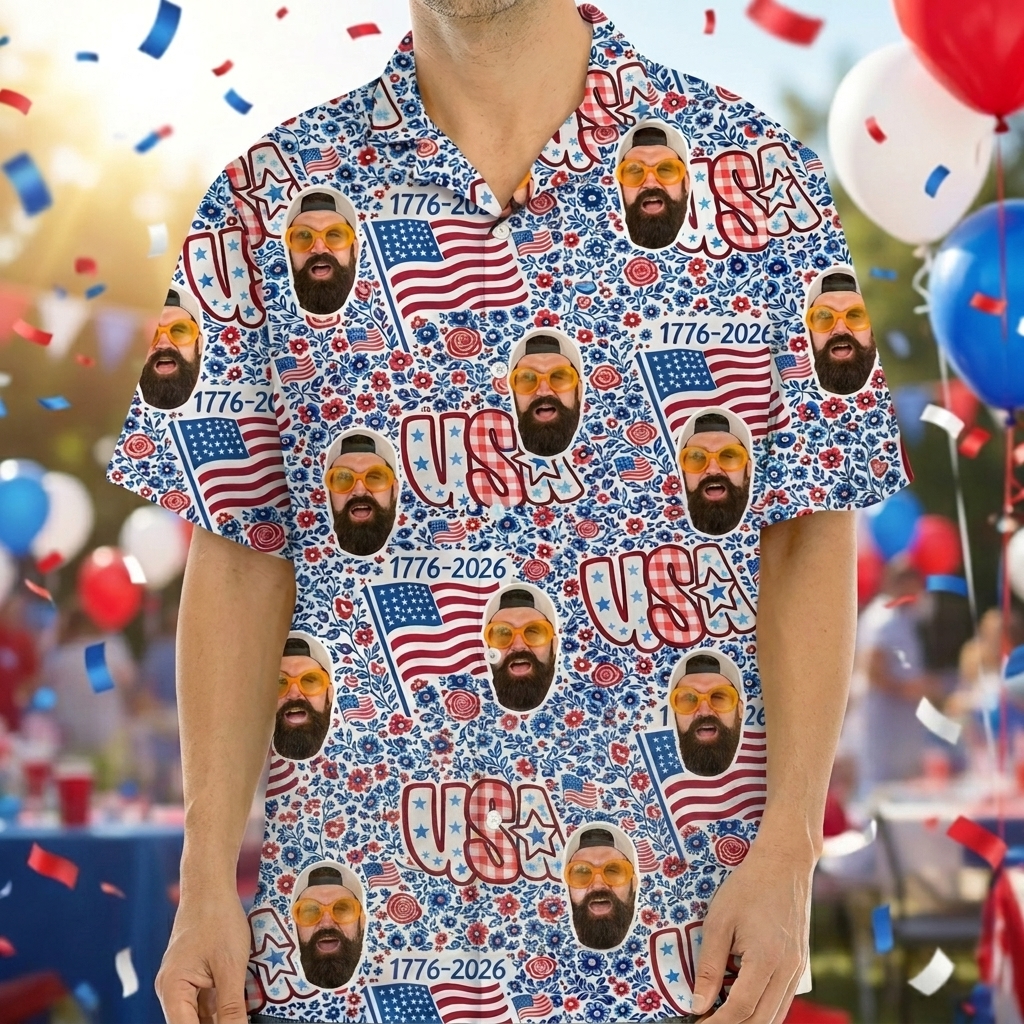 Benutzerdefiniertes Hawaii-Hemd Mit USA-Flagge Und Gesicht, Button-Shirt Zum 250. Jahrestag Der USA Für Männer, Tropisches Blumen-Hawaii-Shirt, Junggesellenabschiedsgeschenk