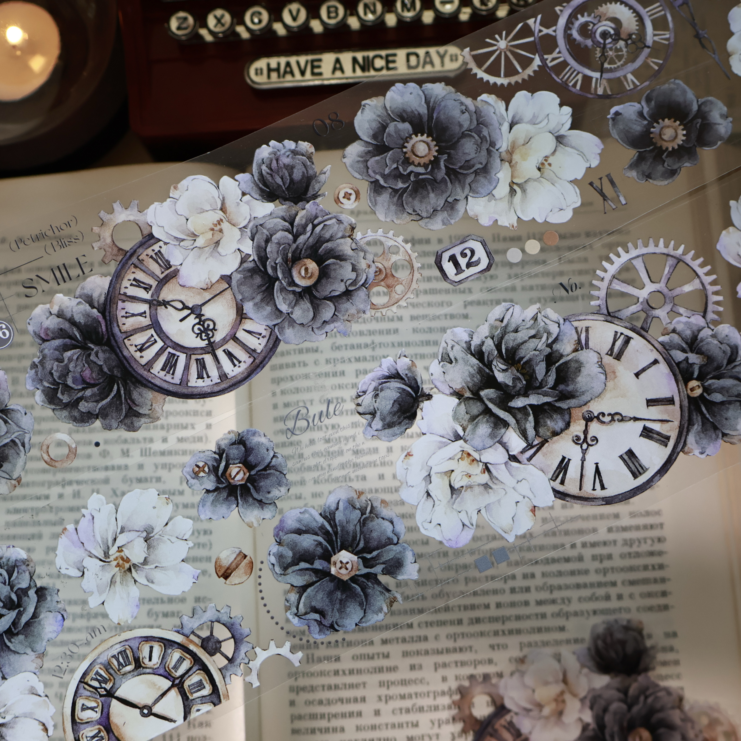 YIER Studio Black and White Time Flower PET Washi Tape 2.36*236.22 inch