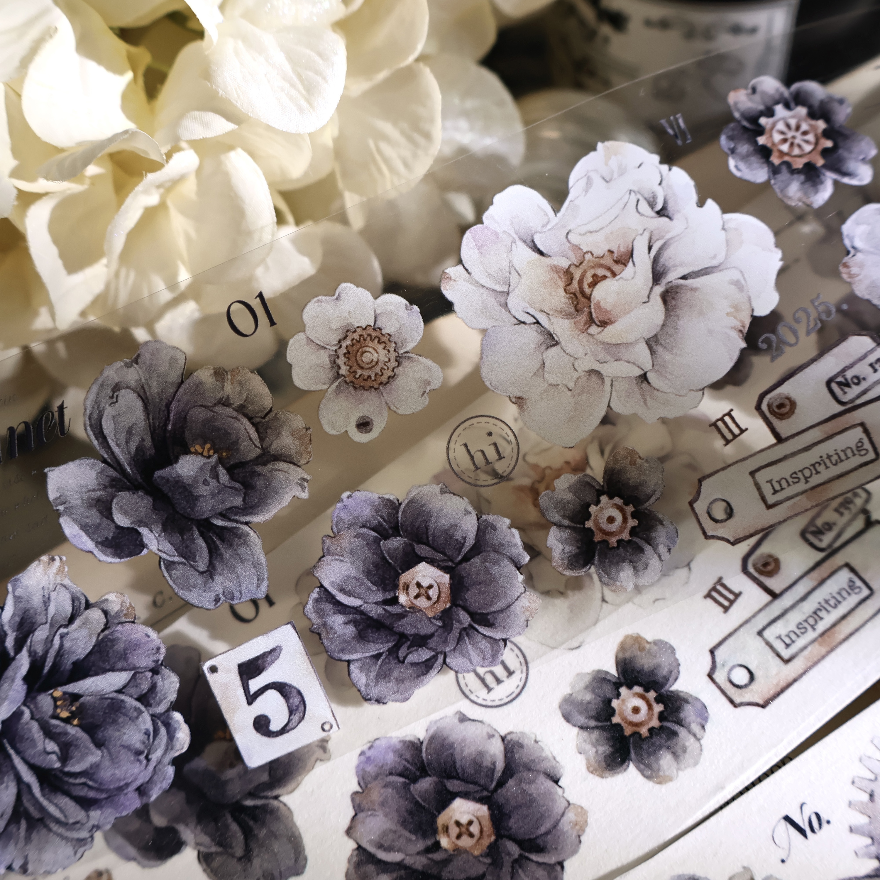 YIER Studio Black and White Time Flower PET Washi Tape 2.36*236.22 inch