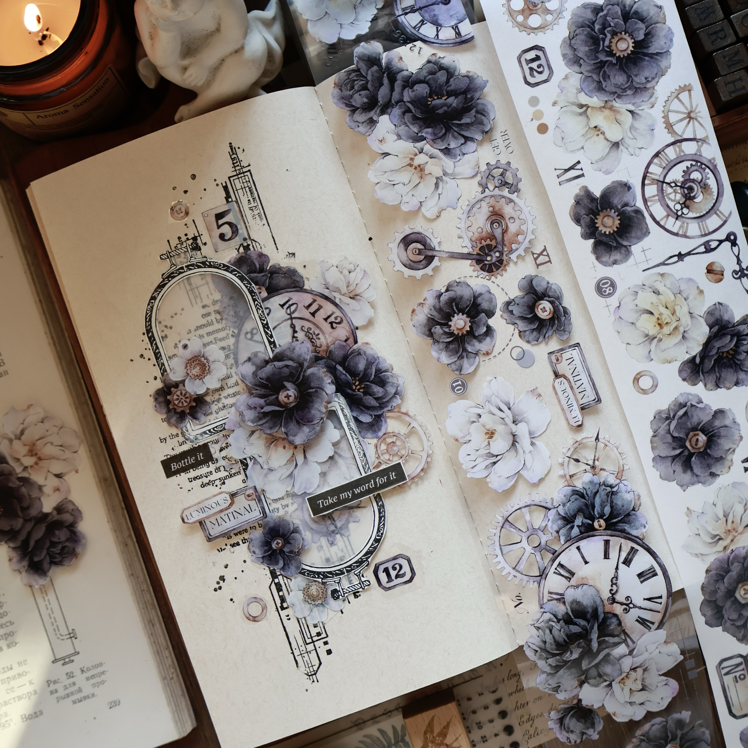 YIER Studio Black and White Time Flower PET Washi Tape 2.36*236.22 inch