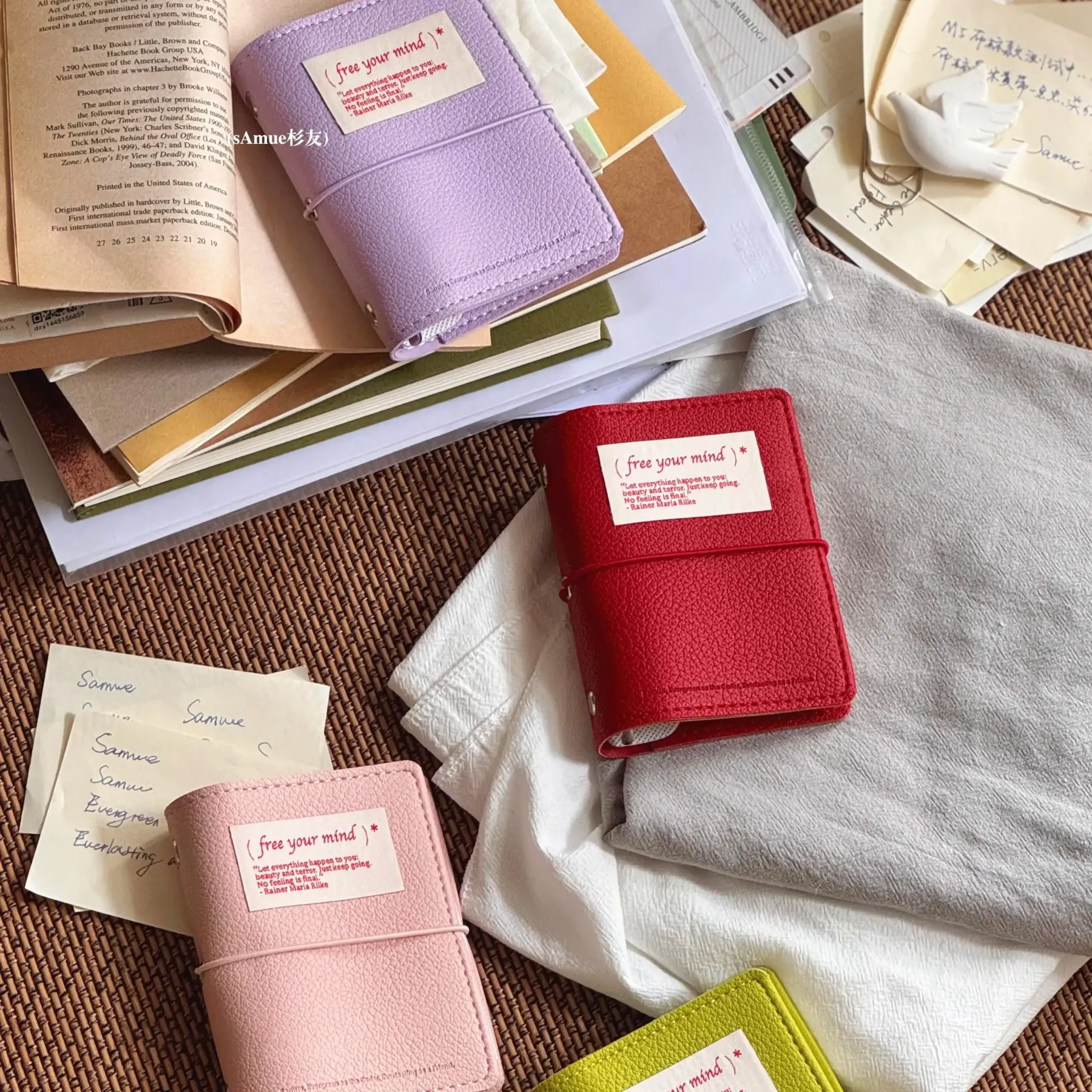 Minimalist M5 Leather Journal with Fabric Label | Colorful Collage Pocket Notebook, 60 Blank Sheets