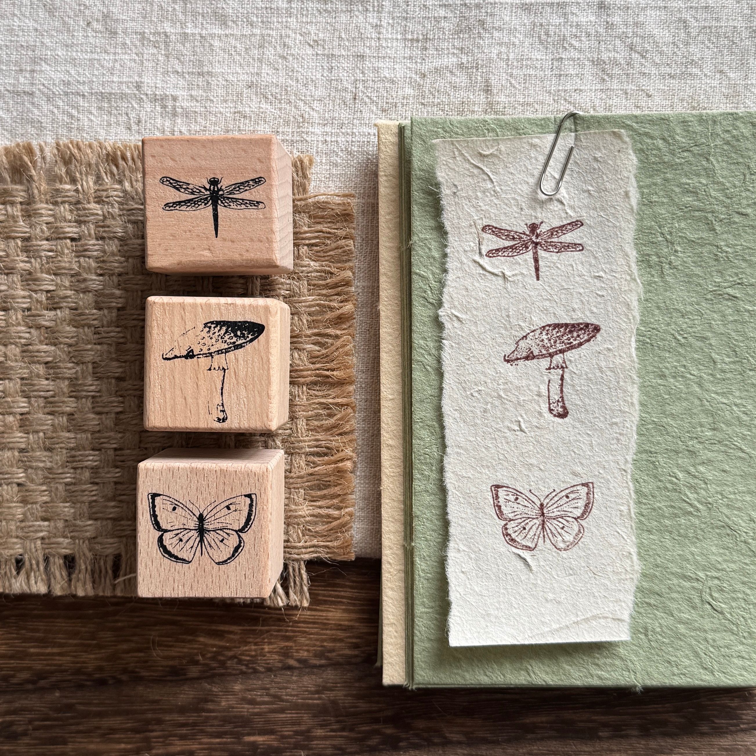 Vintage Nature Sketch Wooden Rubber Stamp | Butterfly Mushroom Dragonfly Botanical
