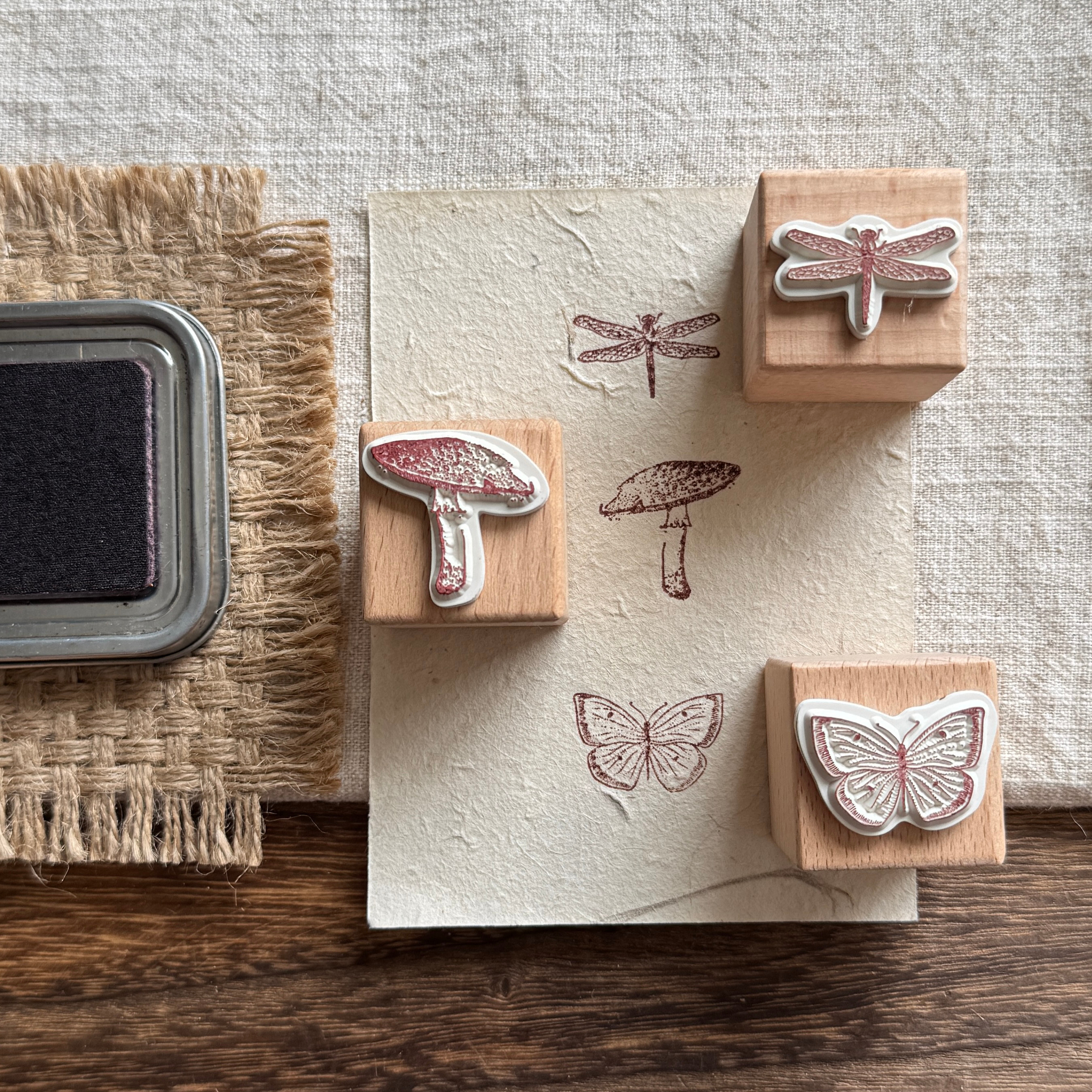 Vintage Nature Sketch Wooden Rubber Stamp | Butterfly Mushroom Dragonfly Botanical