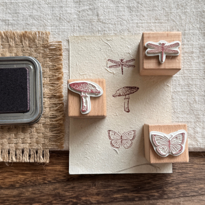 Vintage Nature Sketch Wooden Rubber Stamp | Butterfly Mushroom Dragonfly Botanical