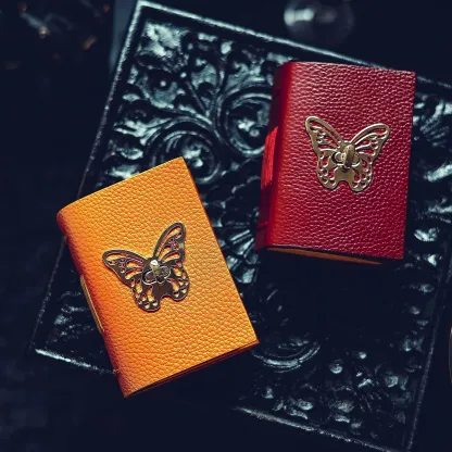 Vintage Handmade A7 Butterfly Leather Journal | Genuine Cowhide Collage Notebook with Blank Kraft Pages