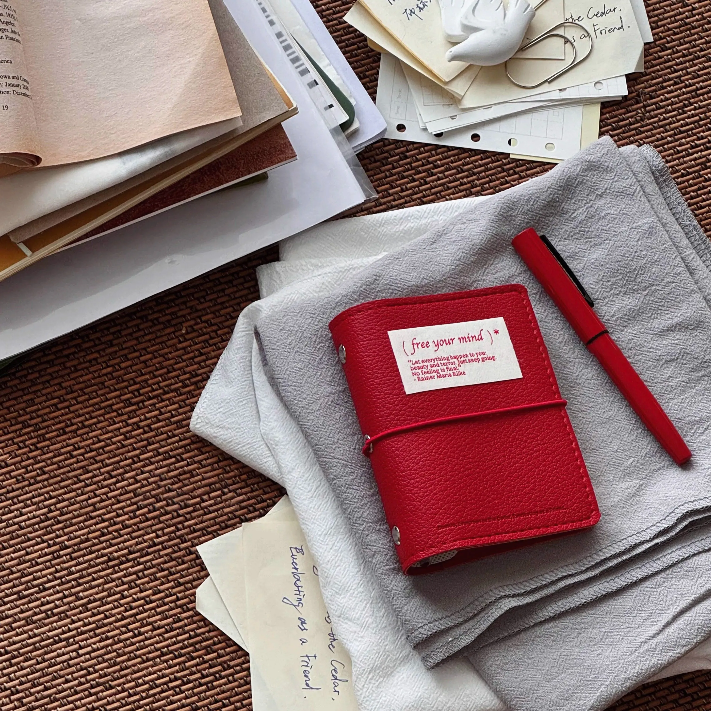 Minimalist M5 Leather Journal with Fabric Label | Colorful Collage Pocket Notebook, 60 Blank Sheets