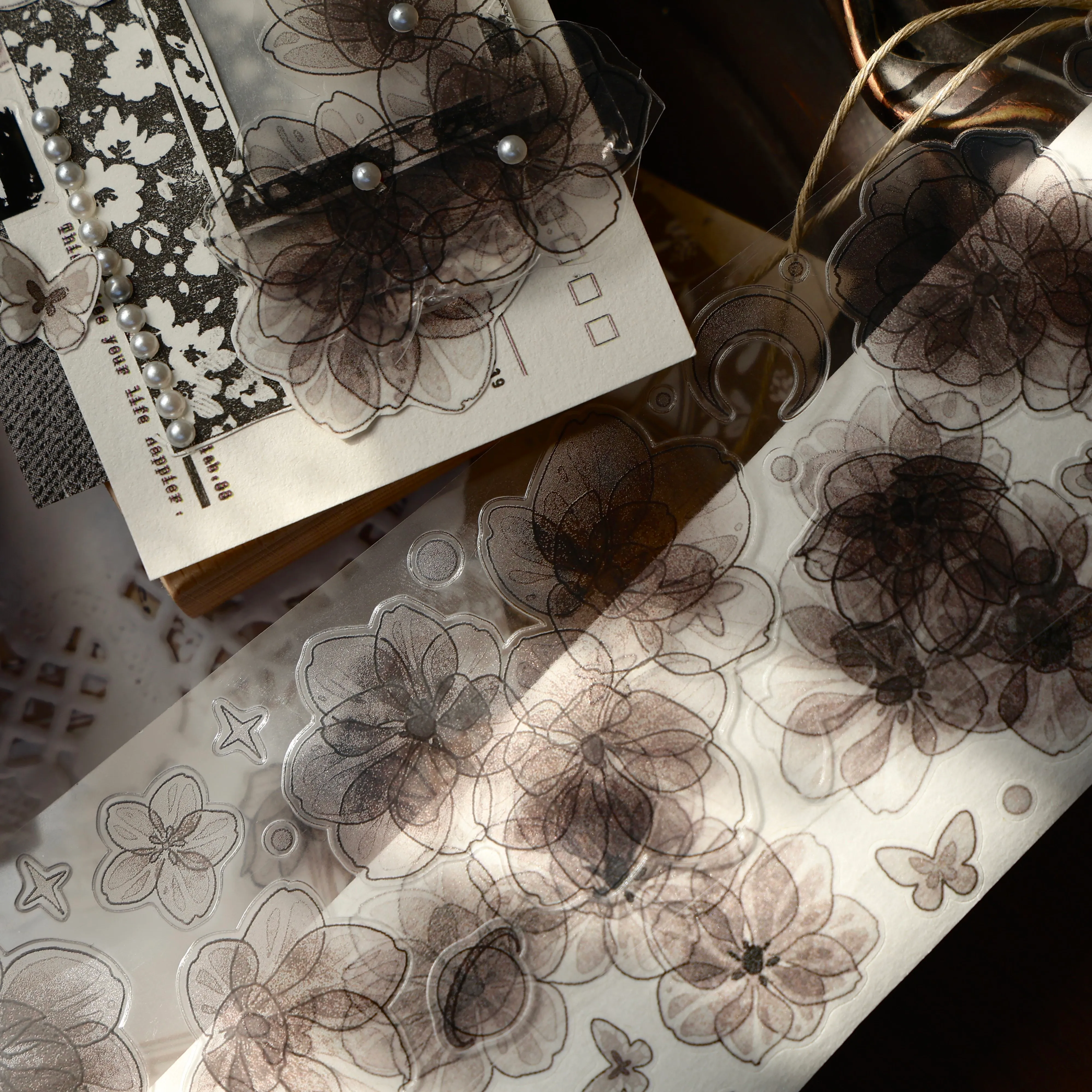 YIER Studio Transparent black flowers PET Washi Tape 1.97*196.85 inch