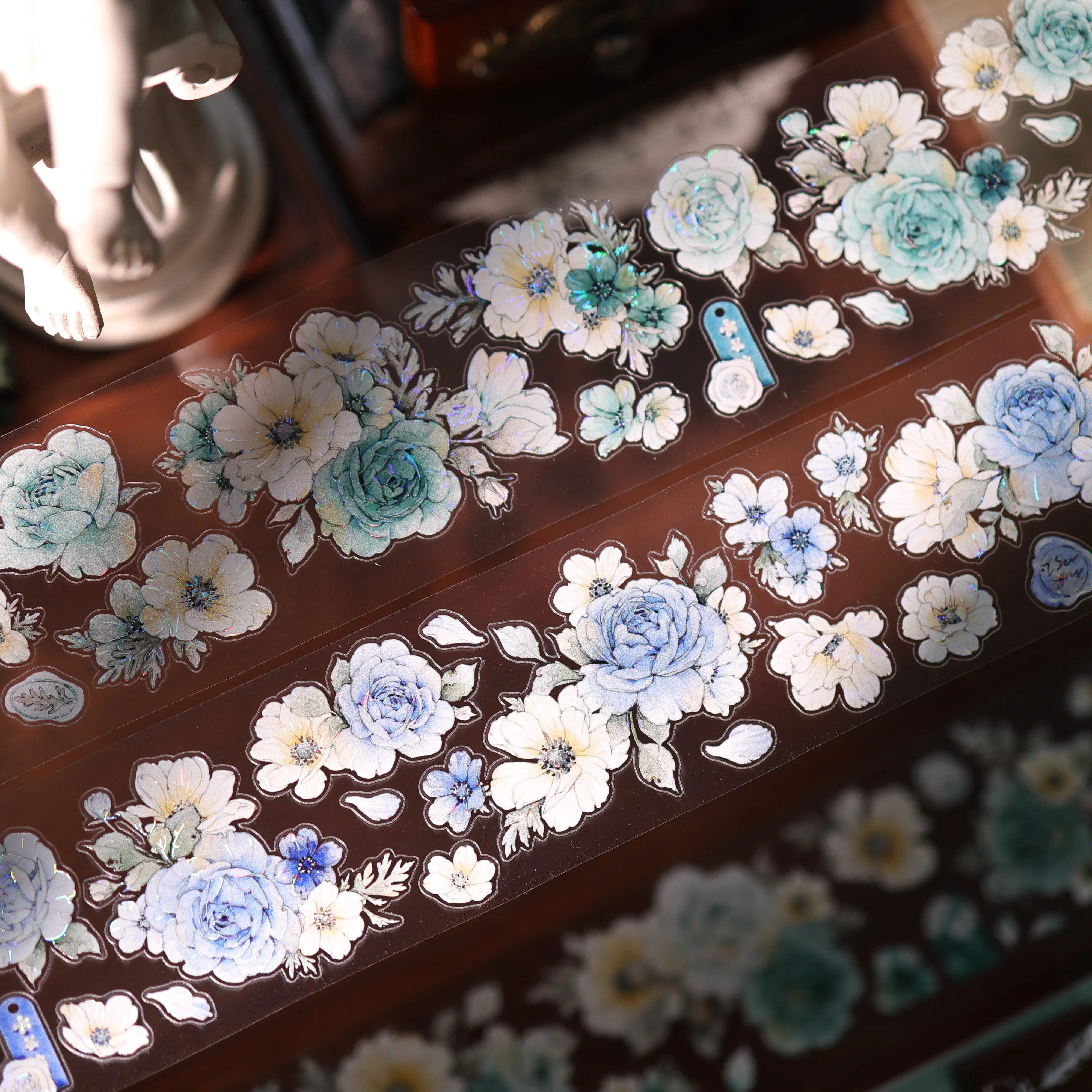 YIER Studio Pre-cut Blue and cyan flowers PET Tape 2.17*196.85 inch