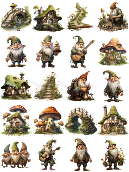 20Pcs/Pack Vintage Garden Gnome, Dwarf, Mushroom House, Decorative Stickers
