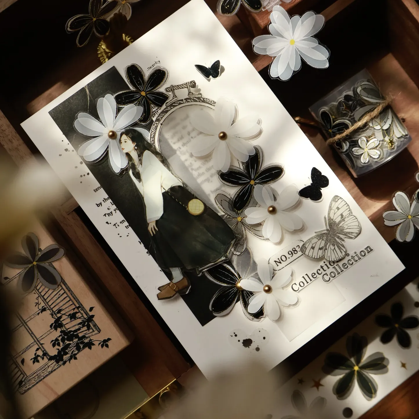 YIER Studio Black small flower Washi PET Tape 2.17 * 78.74 inch