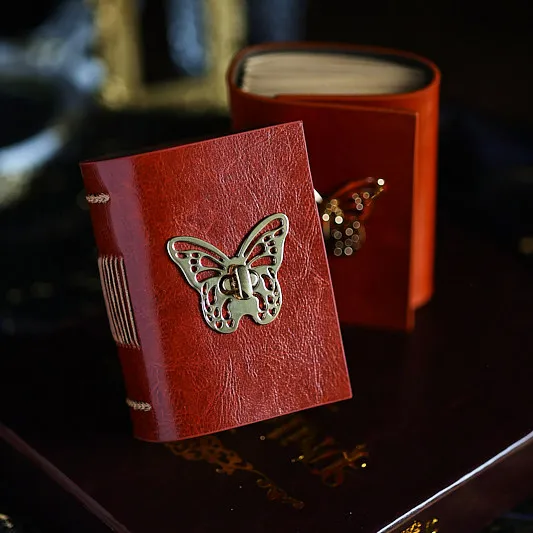 Vintage Handmade A7 Butterfly Leather Journal | Genuine Cowhide Collage Notebook with Blank Kraft Pages
