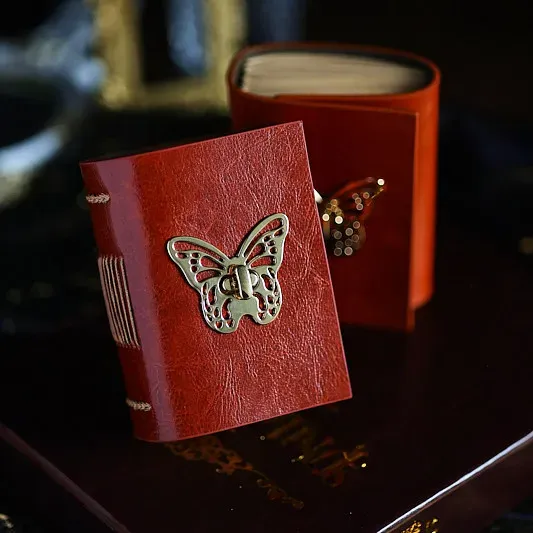 Vintage Handmade A7 Butterfly Leather Journal | Genuine Cowhide Collage Notebook with Blank Kraft Pages