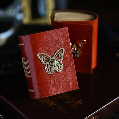 Vintage Handmade A7 Butterfly Leather Journal | Genuine Cowhide Collage Notebook with Blank Kraft Pages