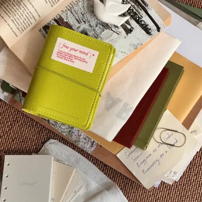 Minimalist M5 Leather Journal with Fabric Label | Colorful Collage Pocket Notebook, 60 Blank Sheets