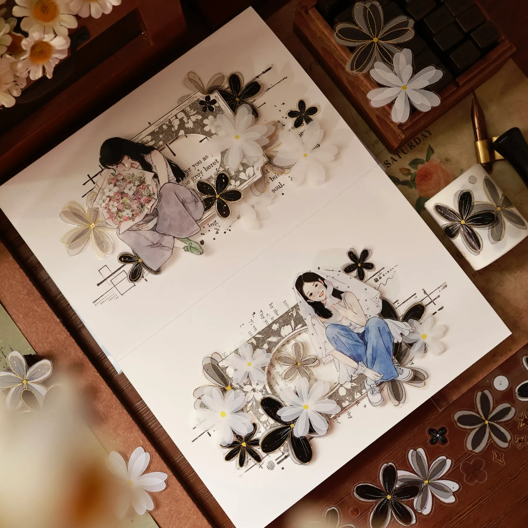 YIER Studio Black small flower Washi PET Tape 2.17 * 78.74 inch