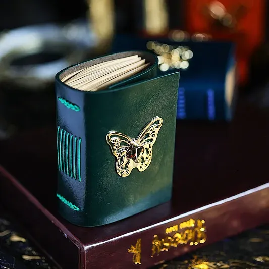 Vintage Handmade A7 Butterfly Leather Journal | Genuine Cowhide Collage Notebook with Blank Kraft Pages