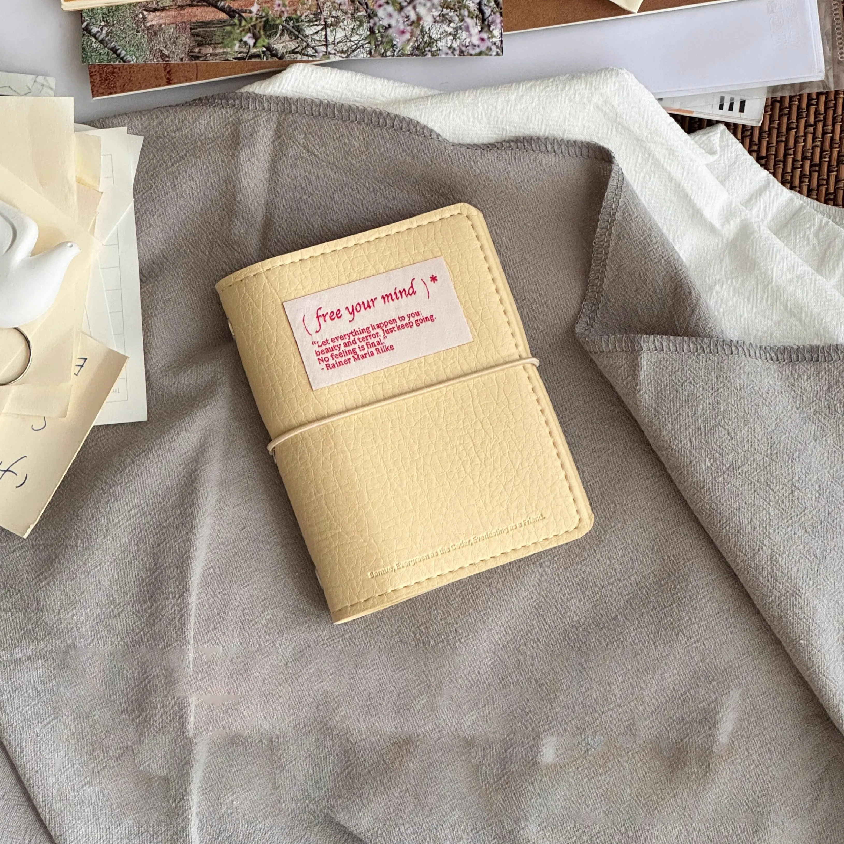 Minimalist M5 Leather Journal with Fabric Label | Colorful Collage Pocket Notebook, 60 Blank Sheets