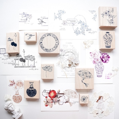 Yuanzi studio Floral Bottle Fan Wooden Stamp