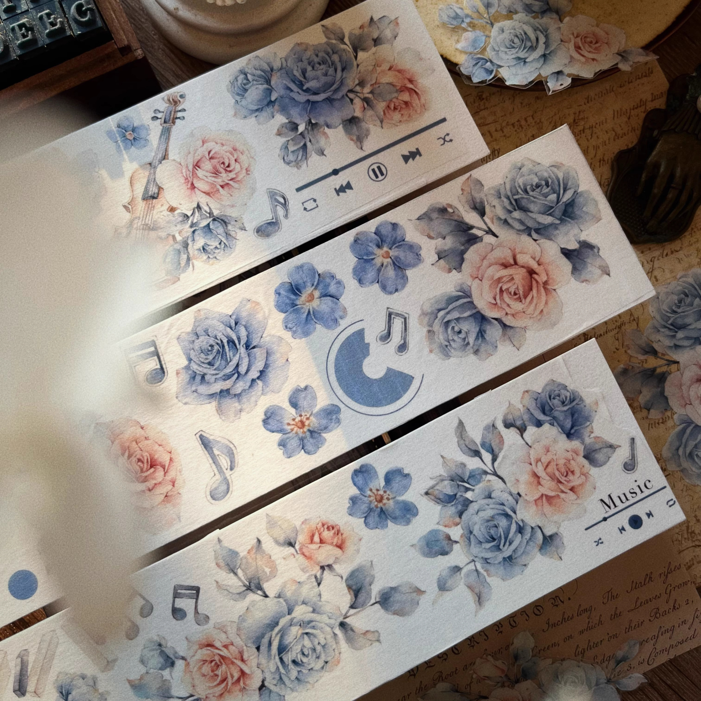 YIER Studio Vintage Blue Music Rose PET Washi Tape 2.36 inches * 236.22 inches