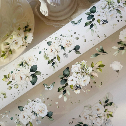 YIER Studio Beautiful White Rose PET Washi Tape 2.36 inches * 236.22 inches