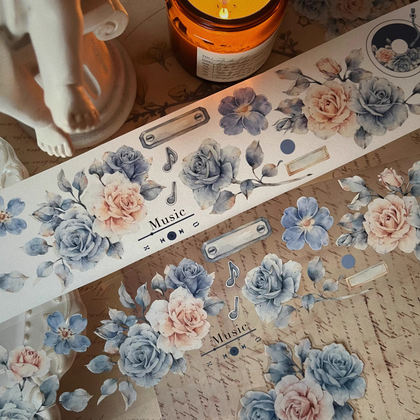YIER Studio Vintage Blue Music Rose PET Washi Tape 2.36 inches * 236.22 inches