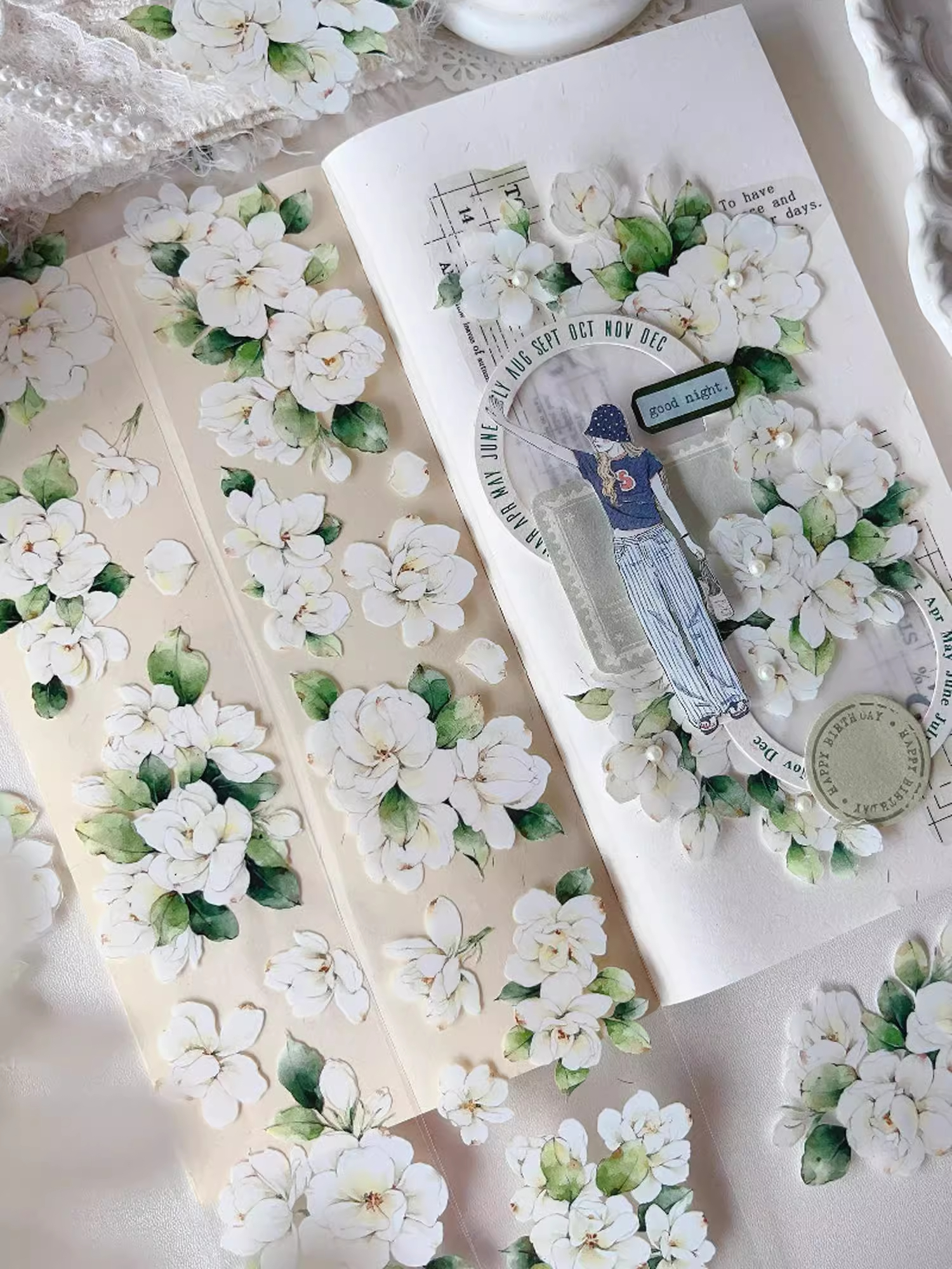 YIER Studio White Jasmine Flowers PET Washi tape 55mm*600cm