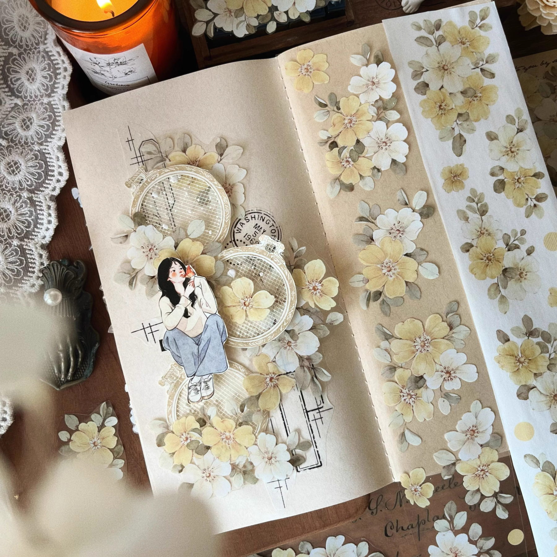 YIER Studio Pretty Vintage Yellow Rose PET Washi Tape 2.17 inch * 236.22 inch