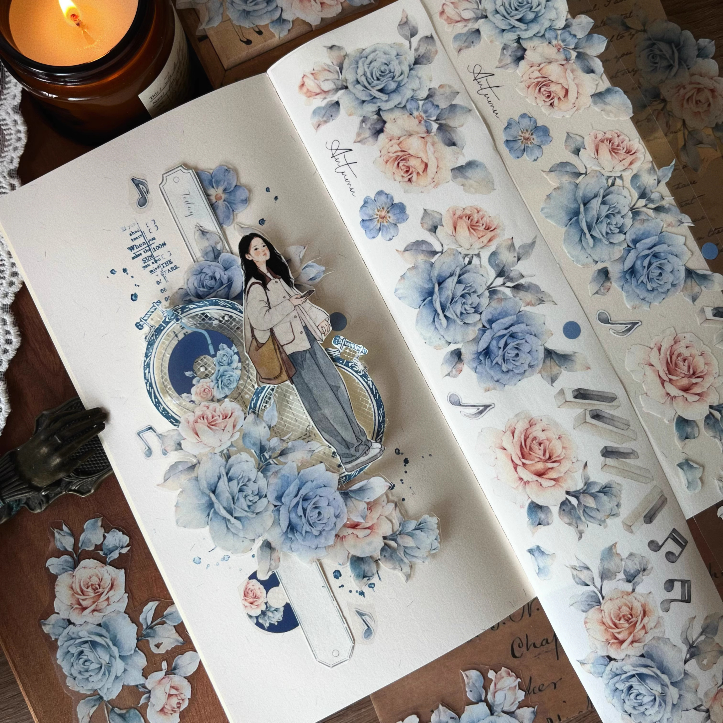 YIER Studio Vintage Blue Music Rose PET Washi Tape 2.36 inches * 236.22 inches