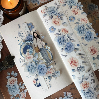 YIER Studio Vintage Blue Music Rose PET Washi Tape 2.36 inches * 236.22 inches