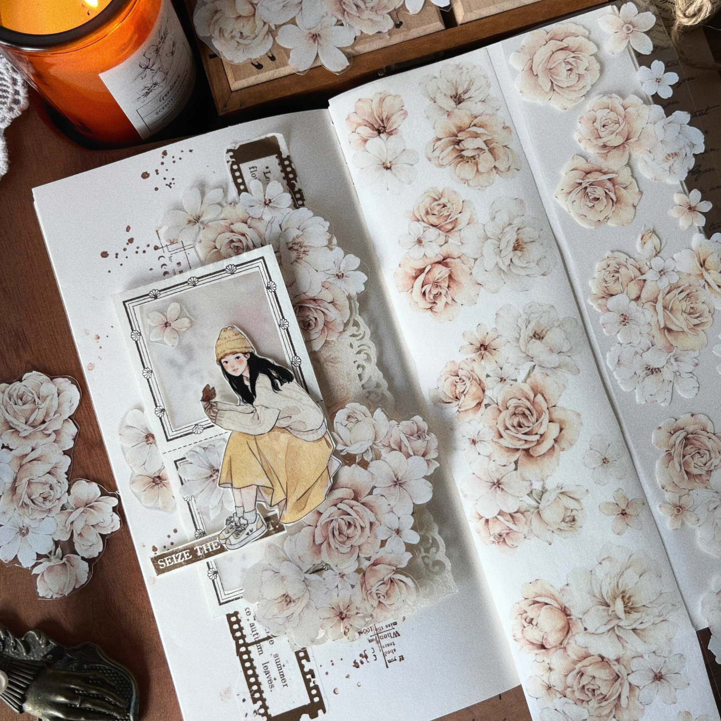 YIER Studio Orange White Vintage Rose PET Washi Tape 2.36 inches * 236.22 inches