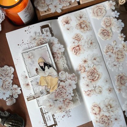 YIER Studio Orange White Vintage Rose PET Washi Tape 2.36 inches * 236.22 inches