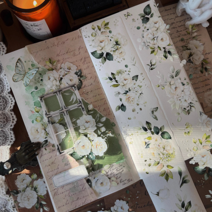 YIER Studio Beautiful White Rose PET Washi Tape 2.36 inches * 236.22 inches