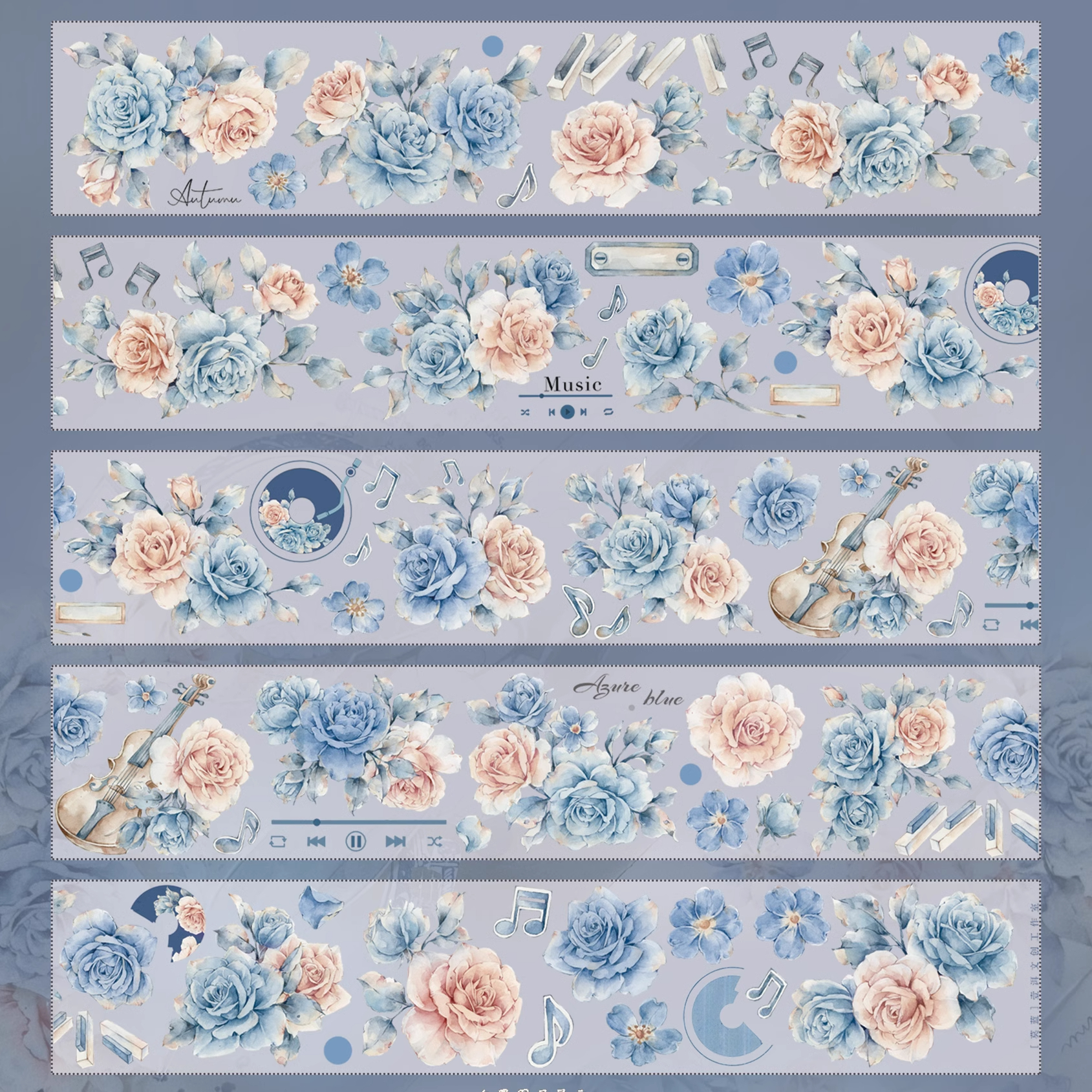 YIER Studio Vintage Blue Music Rose PET Washi Tape 2.36 inches * 236.22 inches