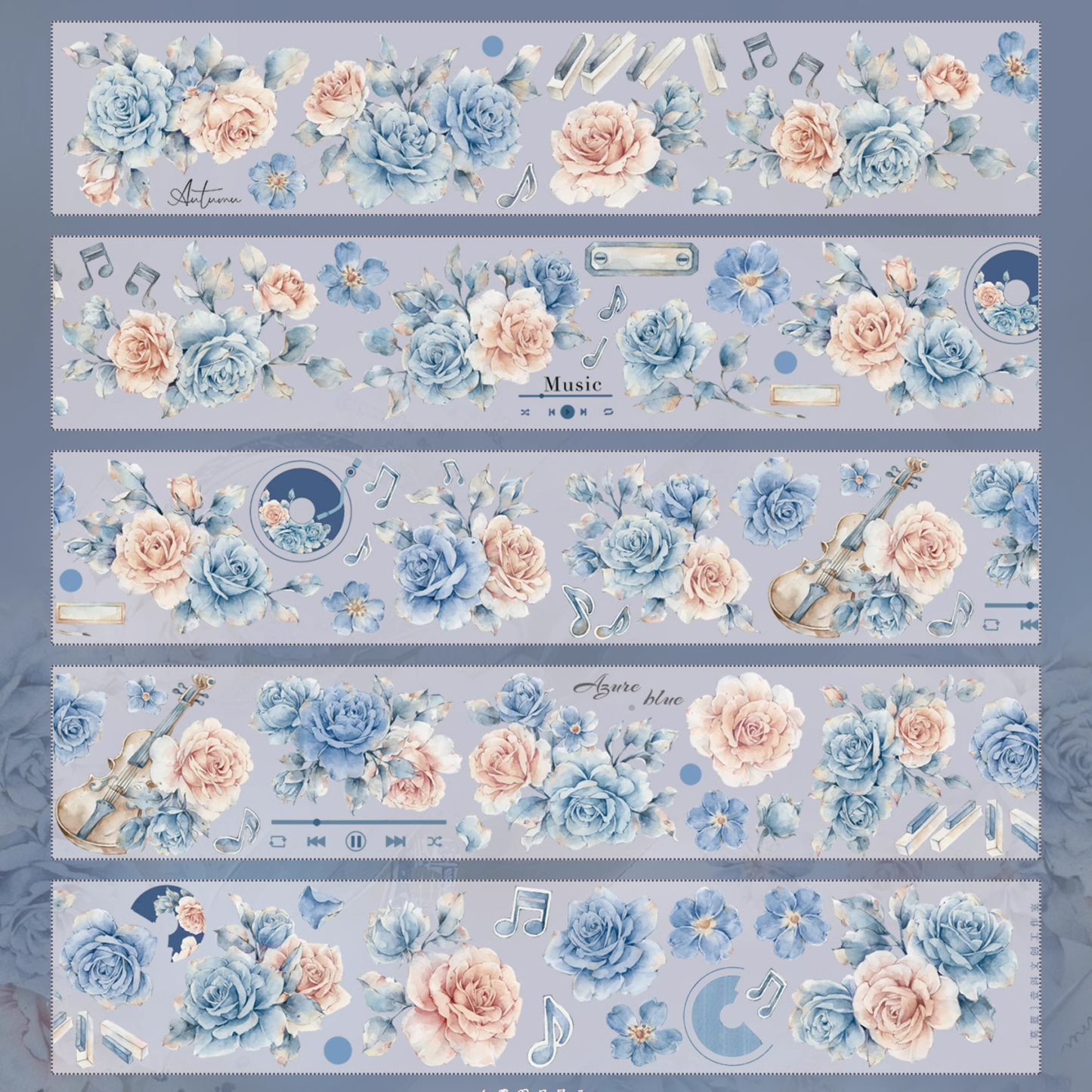 YIER Studio Vintage Blue Music Rose PET Washi Tape 2.36 inches * 236.22 inches