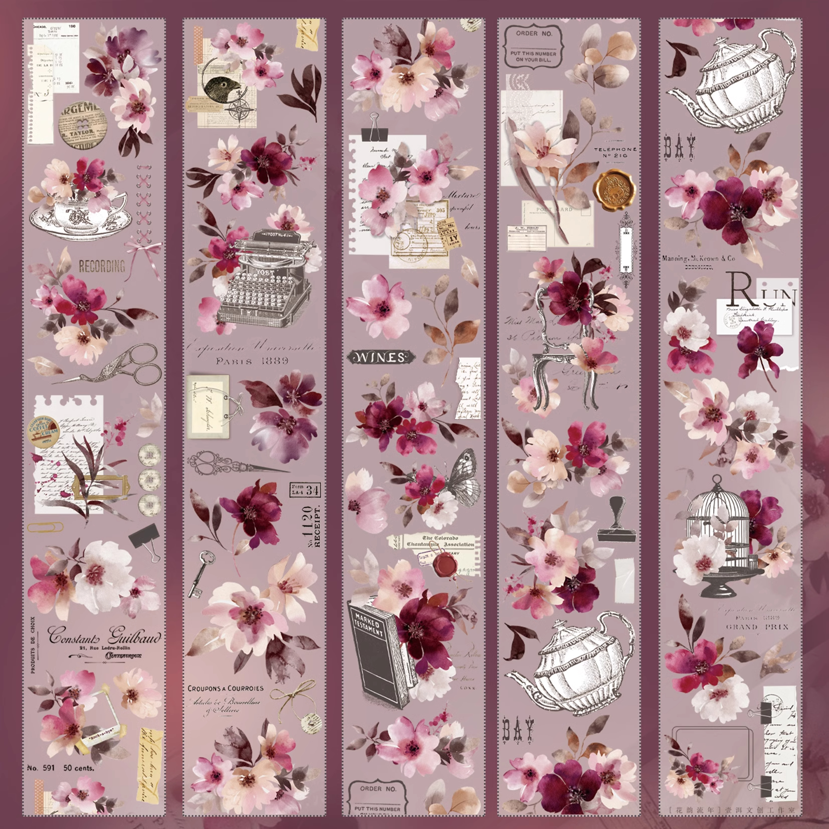 YIER Studio Red Vintage Butterfly Rose PET Washi Tape 2.36 inches * 236.22 inches