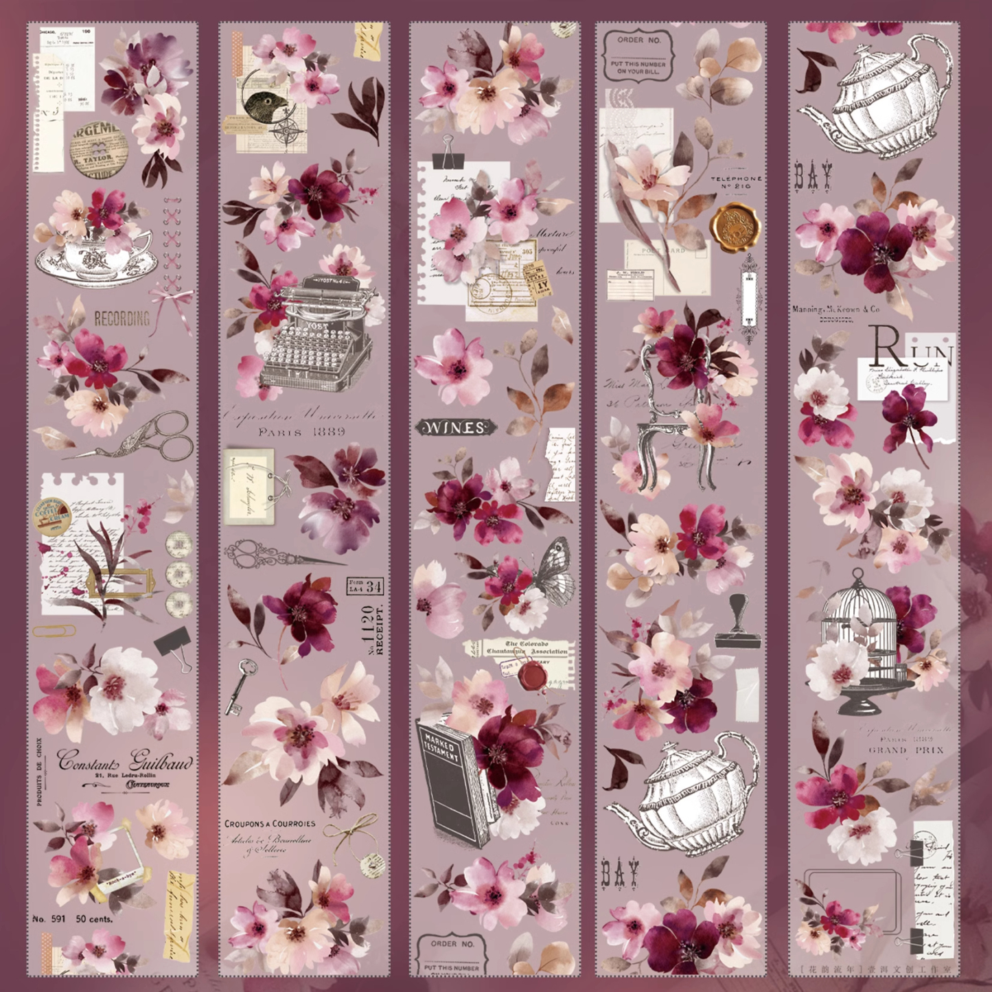 YIER Studio Red Vintage Butterfly Rose PET Washi Tape 2.36 inches * 236.22 inches