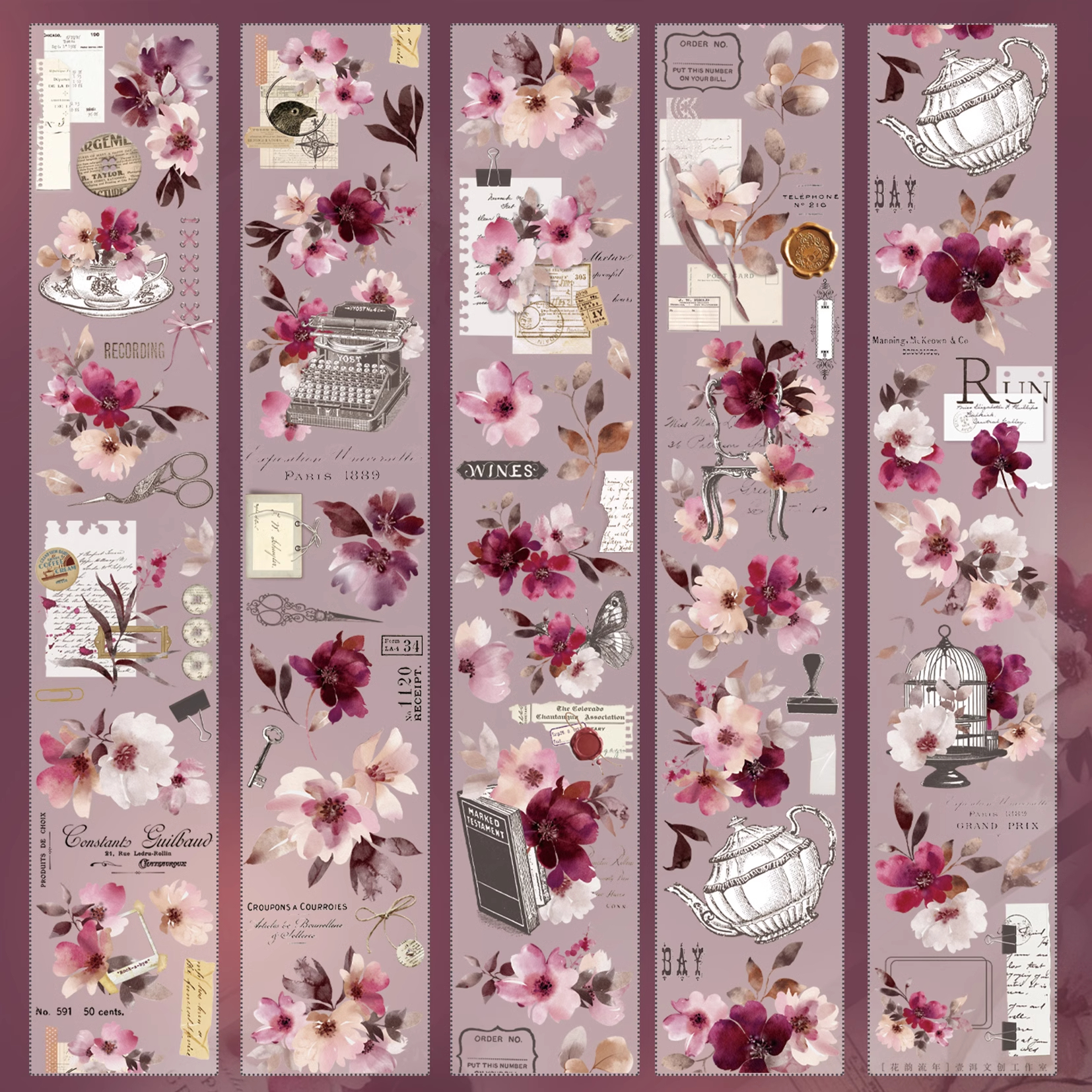 YIER Studio Red Vintage Butterfly Rose PET Washi Tape 2.36 inches * 236.22 inches