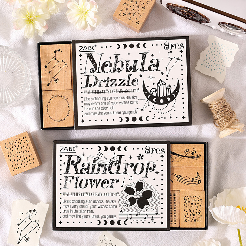 8Pcs/Box Meteor Star Theme Raindrop Theme Wood Stamp Set