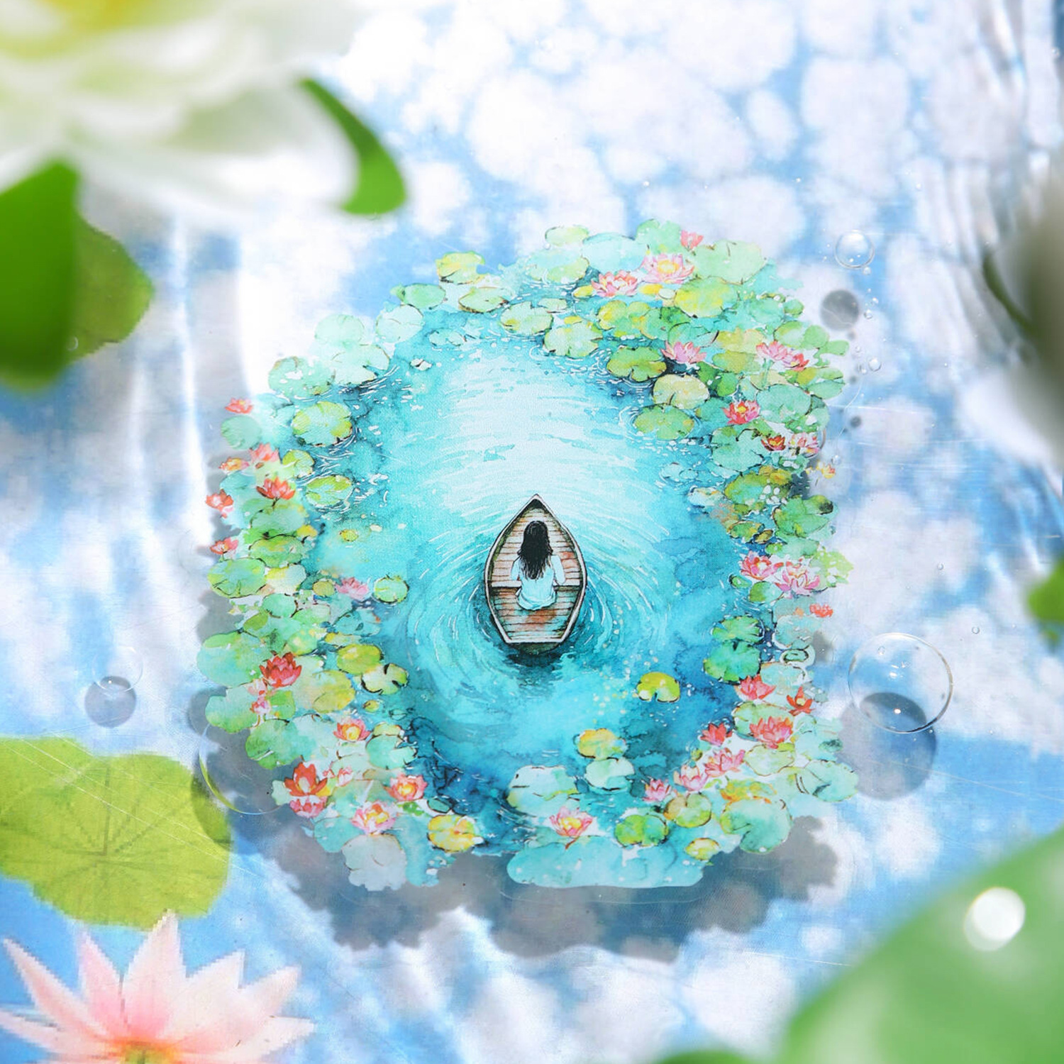 10Pcs/Pack Pre-cut Small Pond Lotus Theme PET Stickers