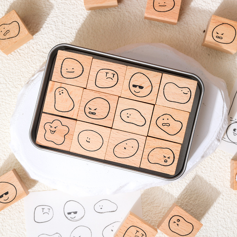 12Pcs Cute Emoji Theme Wooden Stamp